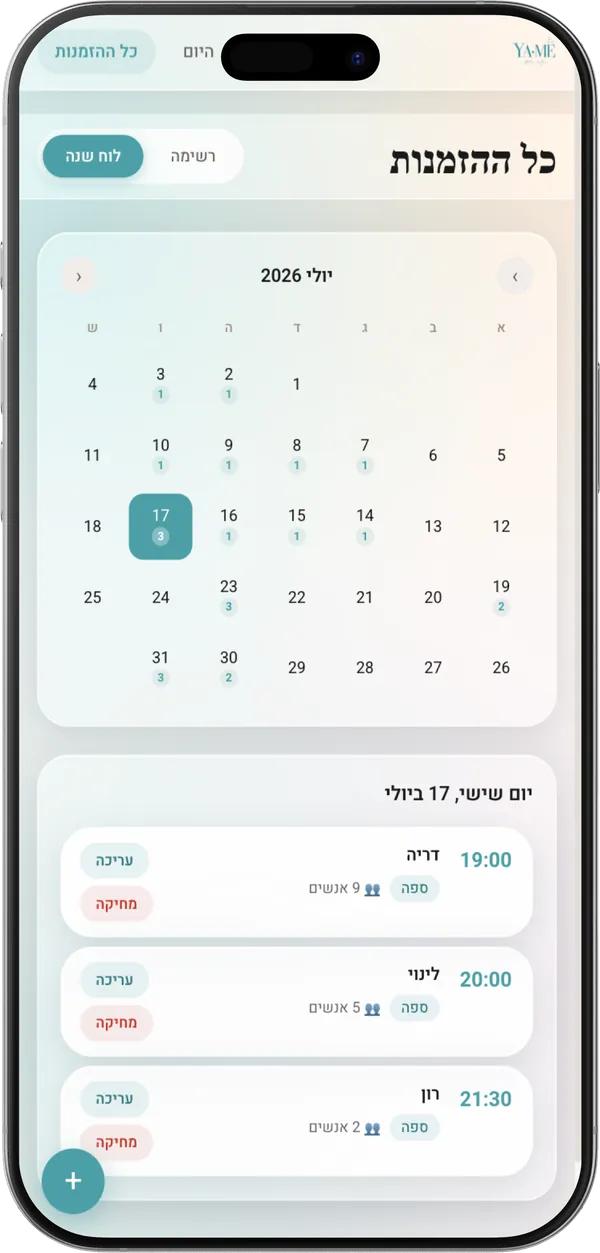 YA-ME: יומן כל ההזמנות מצד הצוות